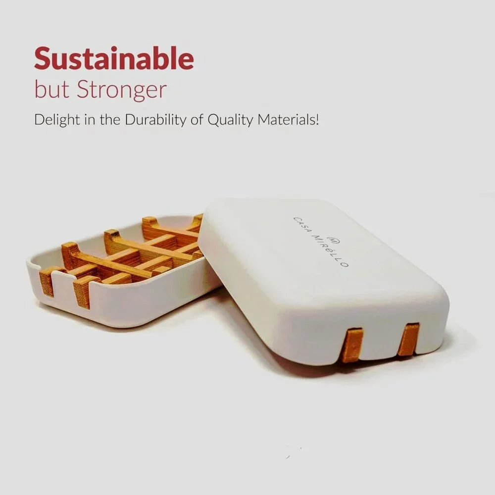 Bamboo Fiber Self-Draining Soap Dish Drain Storage Holder Tray Bathroom Set of 2